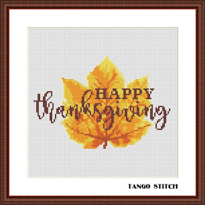 Happy thanksgiving greeting cross stitch pattern Maple leaf autumn holidays design - Tango Stitch