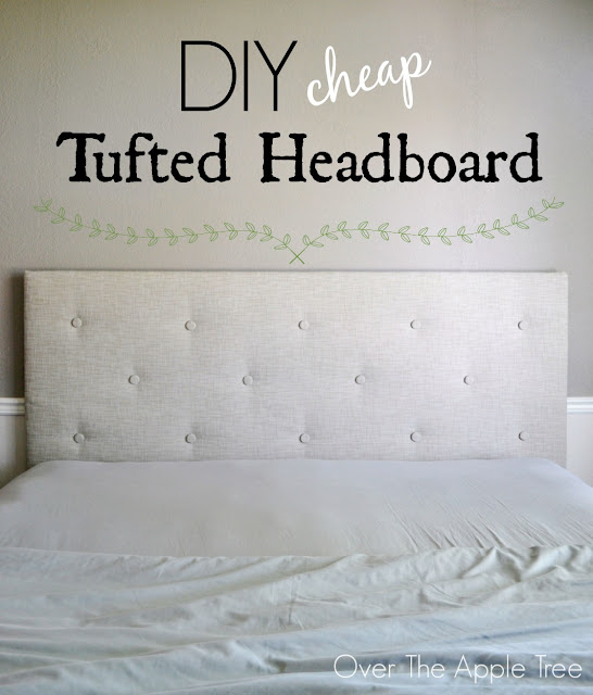 DIY Cheap Tufted Headboard- Made with a piece of $10 styrofoam insulation board and faux fabric buttons by Over The Apple Tree