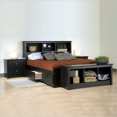 Headboards  Shelves on Modular Black Modern Wood Platform Bed Set With Built In Shelves