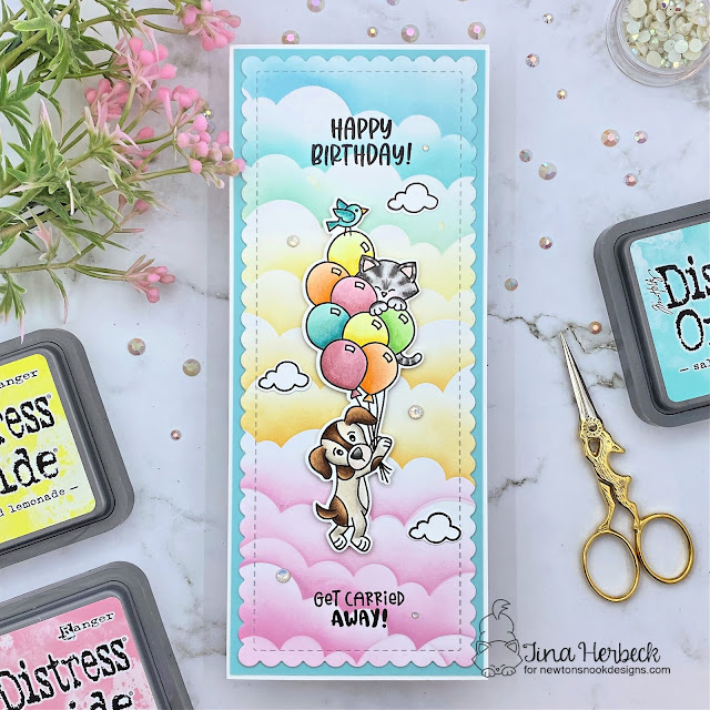 Sky High Slimline Birthday Card by Tina Herbeck | Bokeh Balloon Stencil Set, Balloon Shaker Die Set, Birthday Oval Stamp Set and Frames & Flags Die Set by Newton's Nook Designs #newtonsnook #handmade