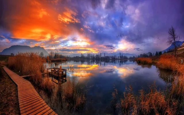 Sunset Lake Clouds Nature Scenery 