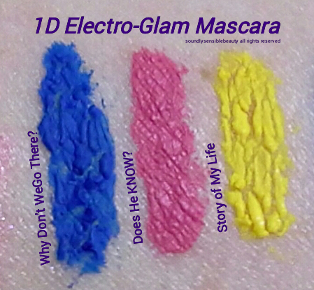 1d Colored Mascara Why Don't We Go There Blue, Does He know Pink, and Story of My Life Yellow, Electro-Glam