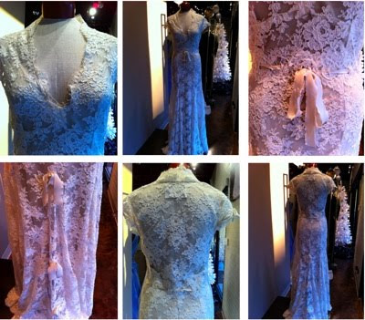 The dress is full reembroidered lace The neck line has a raised collar and