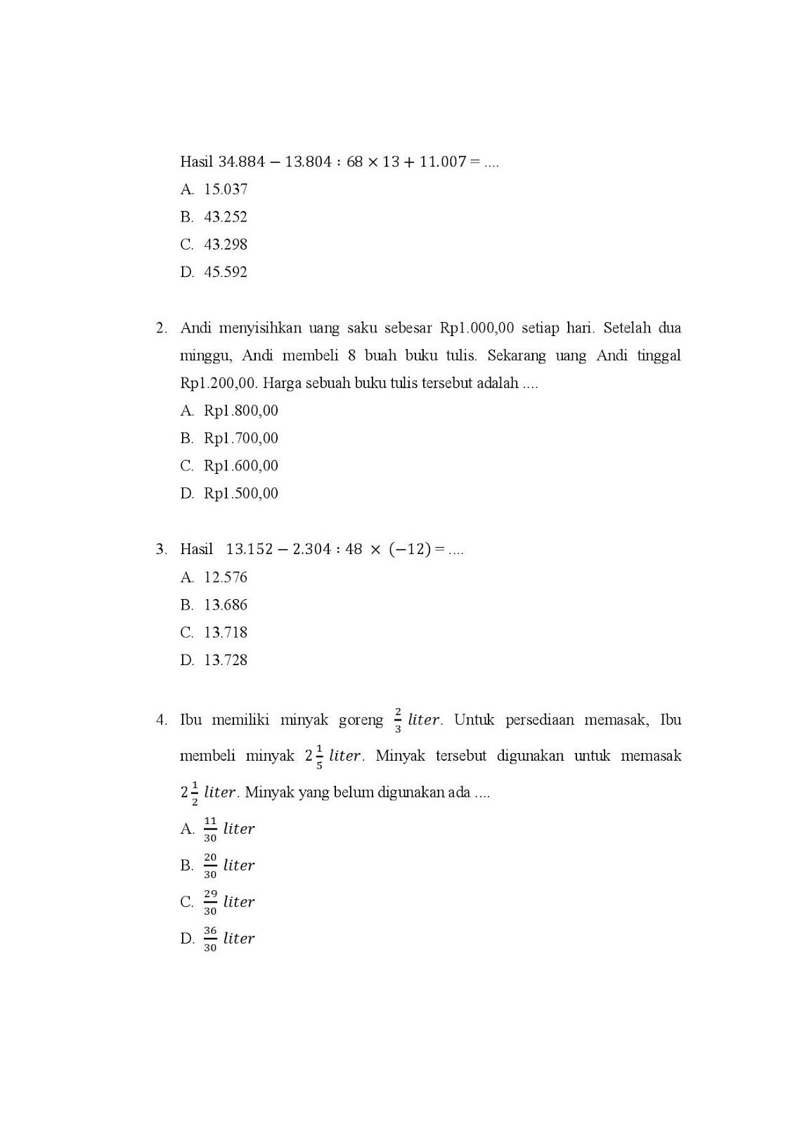 Soal Latihan TRYOUT 1 Matematika Kelas 6 SD ~ Soal Jawaban