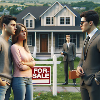 A sad couple looking at a new home they cannot afford. Image generated by Microsoft Bing Image Creator.