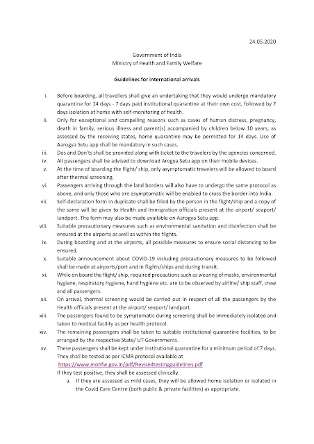 Ministry of Health india issued a Guidelines for international arrivals & domestic travel (air/train/inter-state bus travel)  arriva