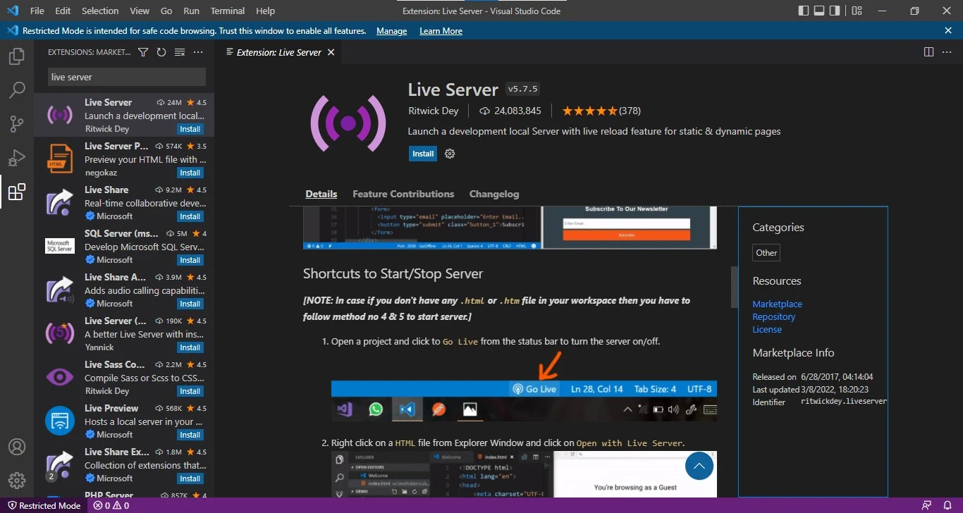 Cara Install Live Server di Visual Studio Code