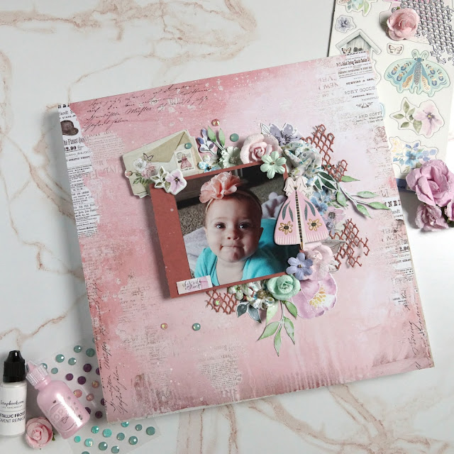 Newborn scrapbook layout created with Prima Marketing Watercolor Floral collection