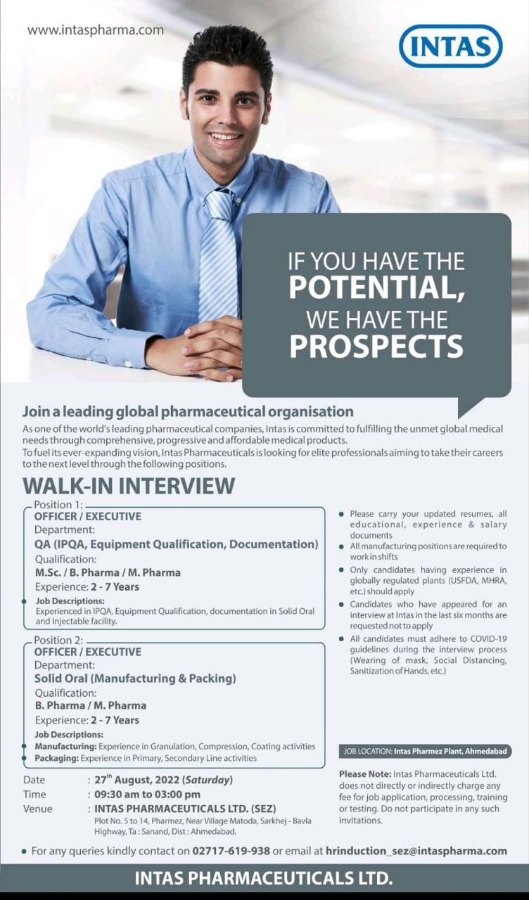 Job Available's for Intas Pharmaceuticals Ltd Walk-In Interview for MSc/ B Pharm/ M Pharm