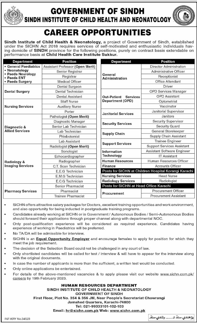 Sindh Institute of Child Health & Neonatology SICHN Karachi Jobs 2023