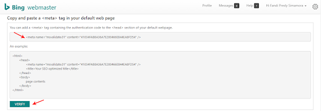 Lakukan Verifikasi Manual dengan Cara Salin Meta Verifikasi Bing Webmaster