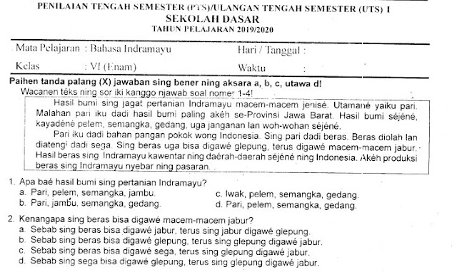 Kumpulan Soal Penilaian Tengah Semester (PTS) Ganjil Bahasa Indramayu Kelas 6 SD Terbaru Tahun 2019/2020 Gratis