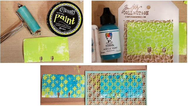 I brayered paint onto the card, and when dry, I dabbed a complementary color through a stencil. One card is lime green with blue paint dabbed through a stencil. Card two is Dylusions "Peacock" blue with a lime green dabbed through a stencil.
