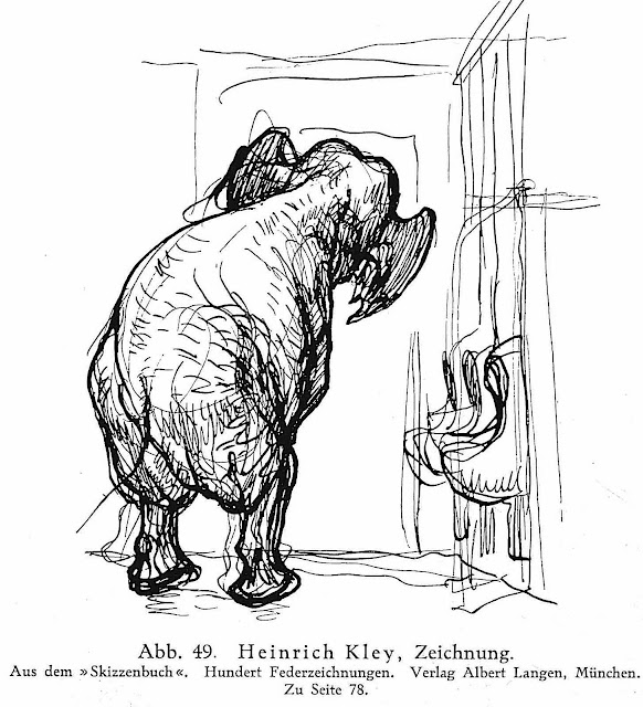 a Heinrich Kley drawing of an elephant using a public urinal washroom