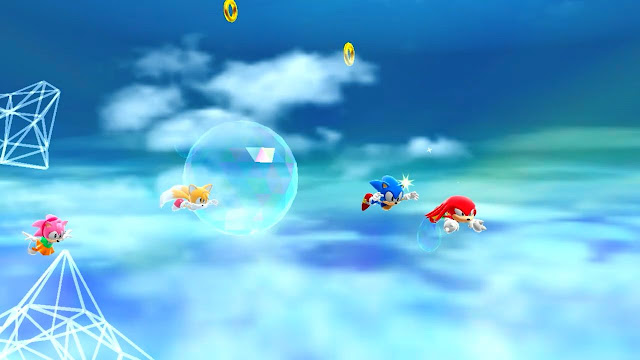 Imagem de Sonic Superstars em que Sonic, Knuckles, Tails e Amy voam pelo céu, ao lado e elementos geométricos e algo similar a uma bolha.