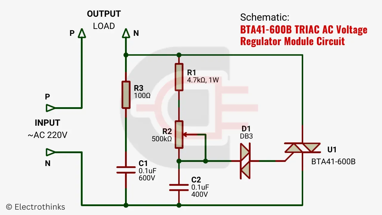 Schematic of BTA41-600B TRIAC AC Voltage Regulator Module Circuit