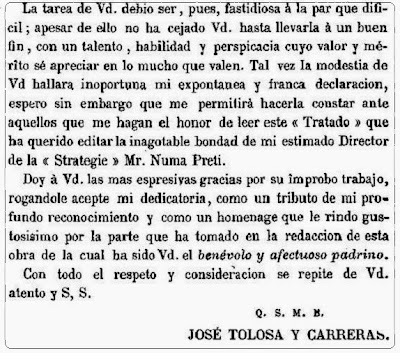 Parte final de la dedicatoria del Tratado analítico de los problemas de ajedrez de José Tolosa