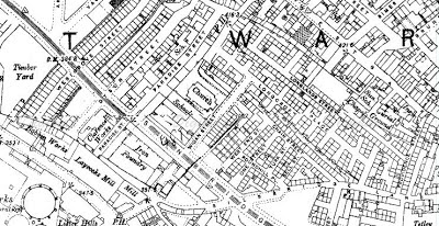 Snip from an 1890s map of Bradford showing Laycocks Mill and the bobbin mill next door, both on Thornton Road
