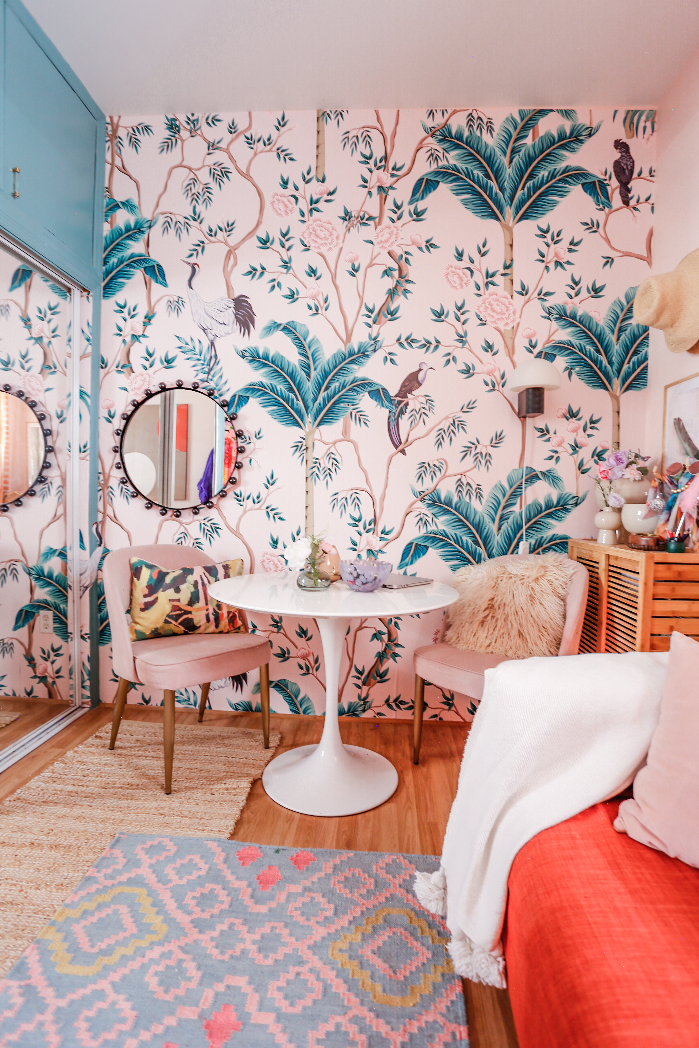 Clare Vacay // Pink and Green Office // Best Blue Green Paint // Pink and Green Chinoiserie Mural // Chinoiserie Wallpaper // Home Office Decor // Colorful Home Office // Pink and Green Home Office // Home Office Decor // Home Office Inspo // Home Office Colors // Megan Zietz Home Office // Maximalist Home Office // Green and Pink Office Ideas