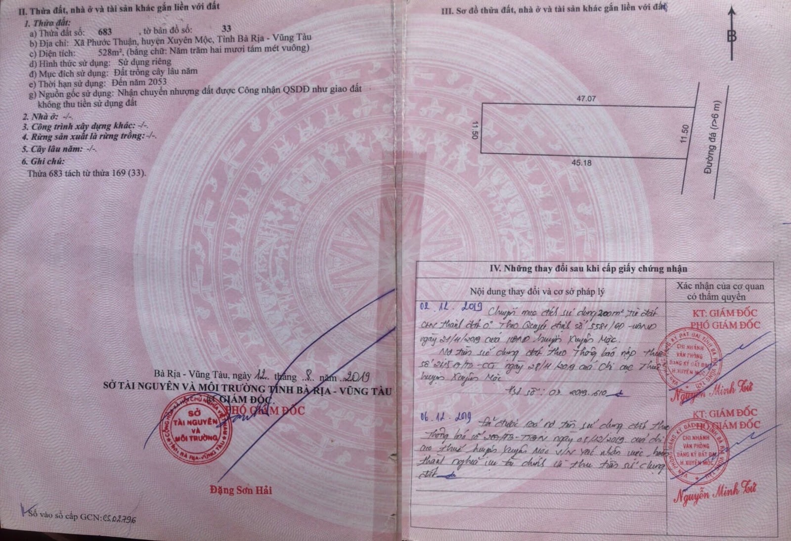 giấy chứng nhận quyền sử dụng 528m2 đất Hồ Tràm cần bán ( sổ hồng)