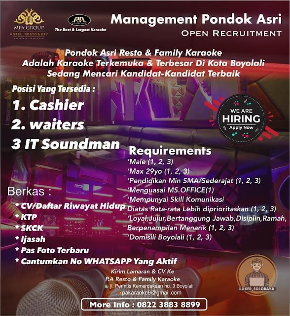 Loker Boyolali di Pondok Asri Resto & Family Karaoke Posisi Cashier, Waiters dan IT Soundman