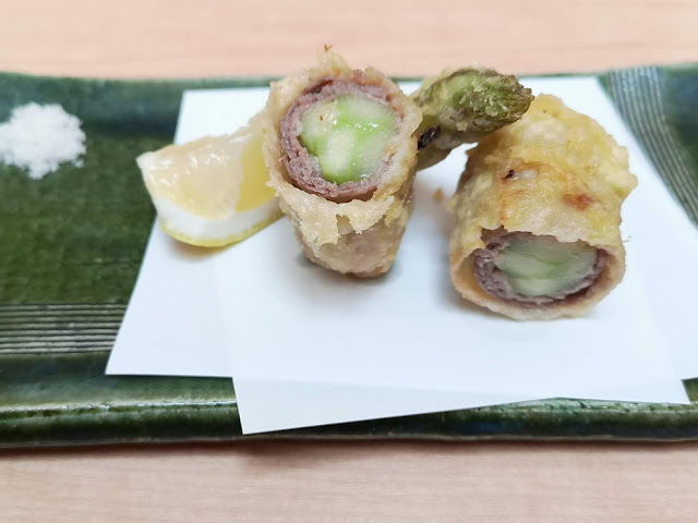 Agemono:Fried asparagus wrapped in thin slice of Angus beef 