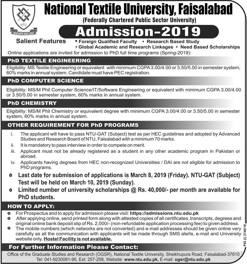 Admissions Open For Spring 2019 At NTU Faisalabad Campus