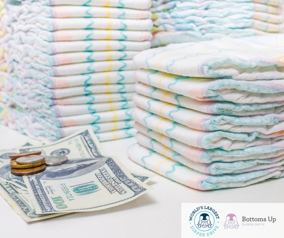Expensive childcare. Pile of diapers and money on white background.