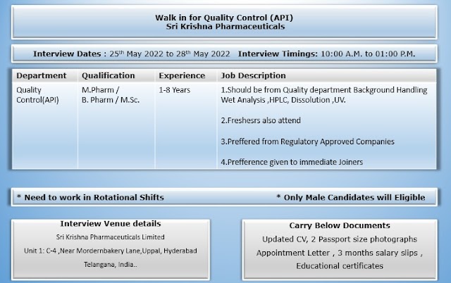Sri Krishna Pharma | Walk-In Interview for Quality Control – OSD / API on 26th to 28th May 2022 at Hyderabad 
