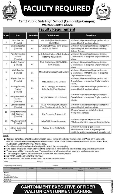 Cantt Public Girls High School Cambridge Campus Lahore Jobs 2019