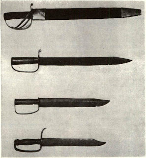 Country blacksmiths beat out old files into “side knives” which every Confederate wore to show how ferocious he was. Occasionally regiments went into battle with nothing but knives until they got good sense. Basket hilt sword is cutlass copying British pattern adopted by C.S.N.