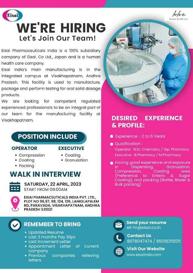 Eisai Pharmaceuticals | Walk-in interview for Multiple Departments on 22nd April 2023