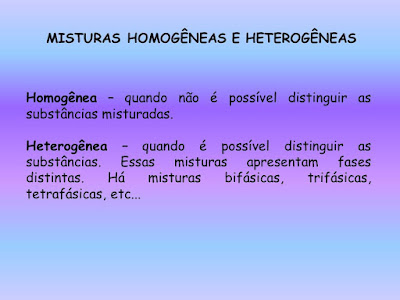 Misturas homogêneas e heterogêneas.