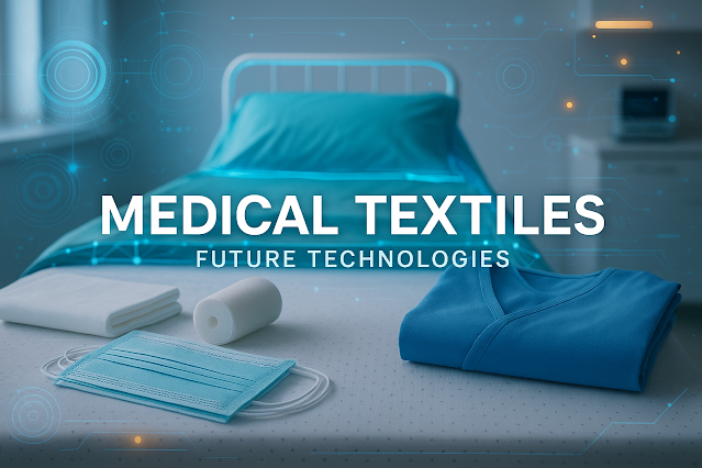 A realistic digital image depicting the concept of medical textiles, featuring futuristic elements like smart wearable fabrics, surgical garments, and high-tech hospital equipment.