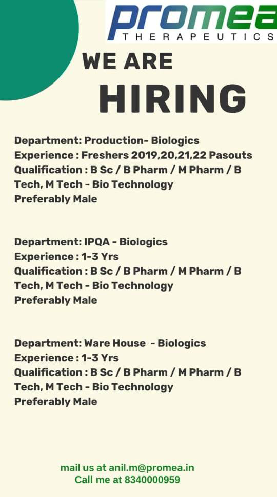 Job Availables for Promea Therapeutics Job Vacancy for BSc/ B Pharm/ M Pharm/ B Tech/ M Tech Biotechnology