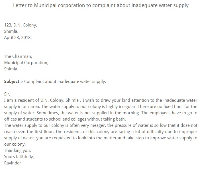 Letter To Municipal Corporation To Complaint About Irregular Water Supply Official Letters Applications And It Solutions