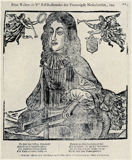 Houtsnede met portret van Prins Willem III, het opschrift toepasselijk gemaakt op Willem V.
