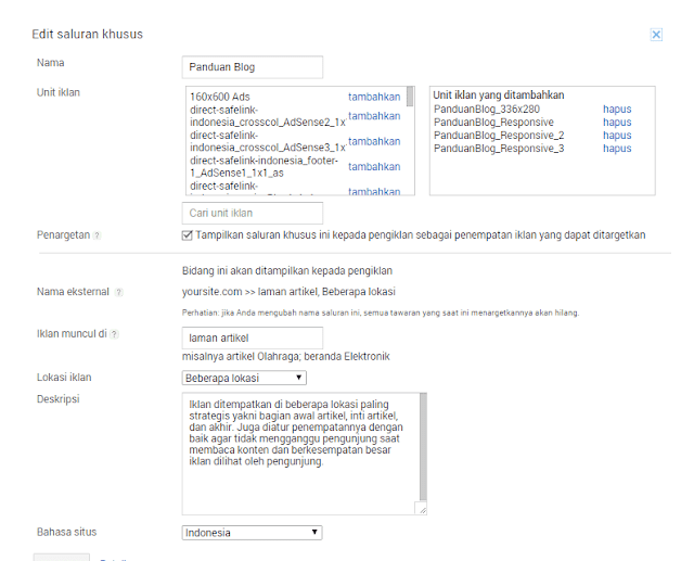 Contoh Saluran Khusus Google AdSense