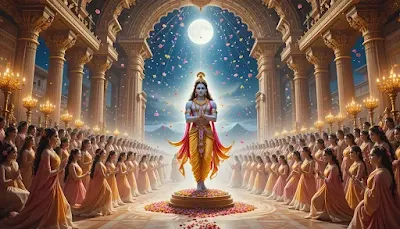 "Krishna’s Grand Wedding in Dwaraka – A Divine Union of 16,100 Brides" "A divine, celebratory digital painting of Krishna’s grand wedding ceremony in Dwaraka, where he symbolically marries the 16,100 women rescued from Narakasura’s captivity. The scene is vibrant with celestial beings showering flowers from the sky, temple priests chanting Vedic hymns, and brides adorned in elaborate bridal jewelry. Krishna appears in multiple divine forms, symbolizing his supernatural ability to marry all the queens simultaneously. The palace background glows with golden lamps and intricate carvings, while the ocean waves of Dwaraka shimmer under the moonlight, enhancing the ethereal atmosphere."