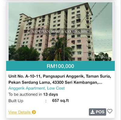 Rumah Jenis Apartment di Taman Suria, Serdang di Lelong pada Harga RM100,000