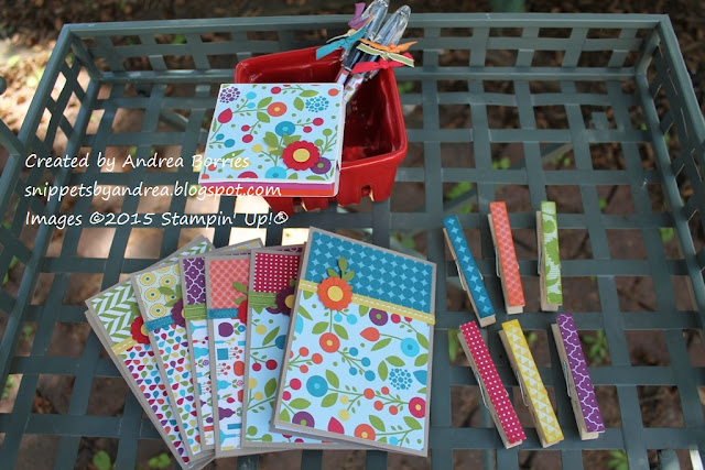 Stationery ensemble includes six note cards and envelopes, a holder with two self-stick notepads, two pens and six clothespin clips with magnets on the back.