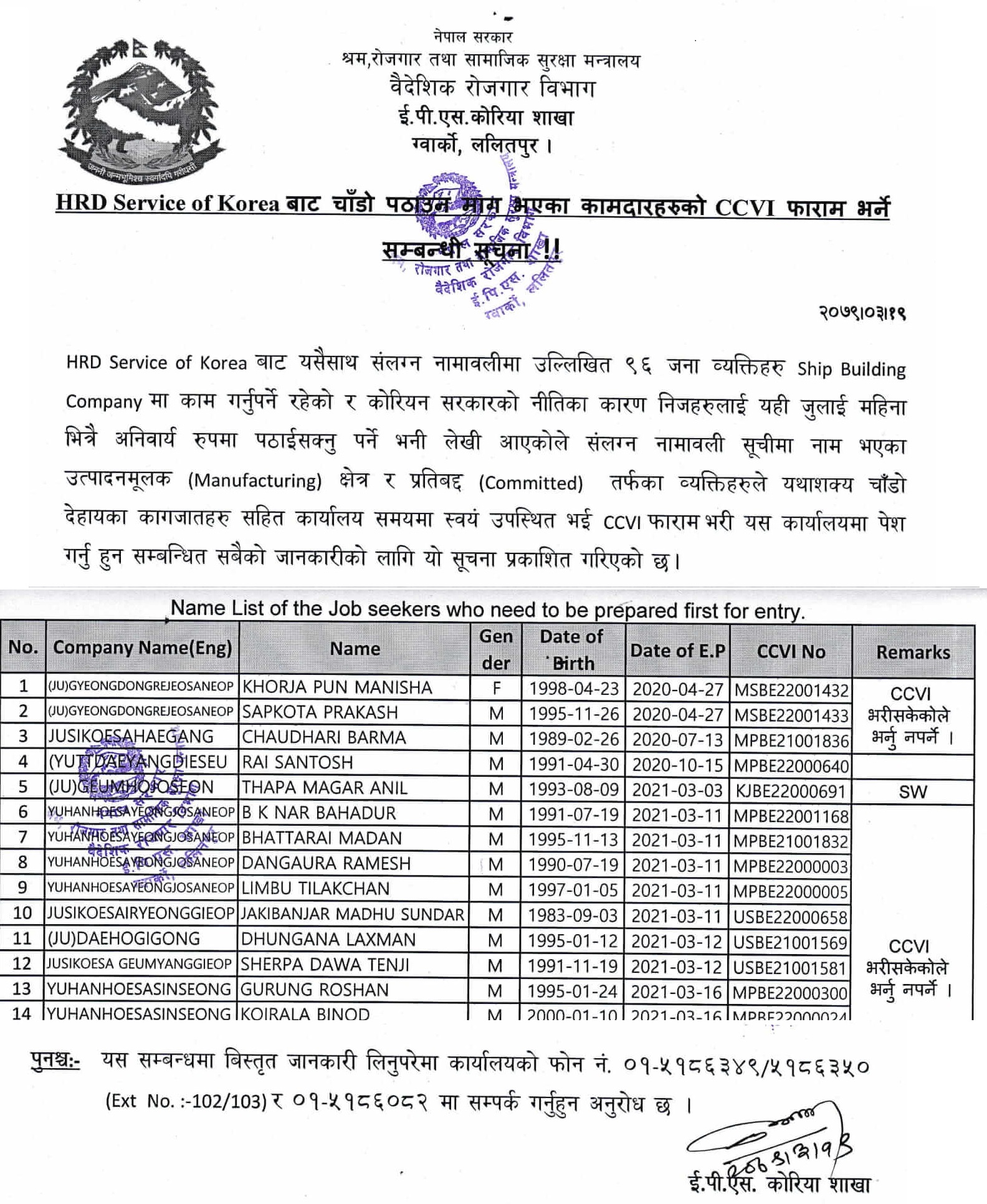 Urgent CCVI Fill up Notice List for Committed Workers
