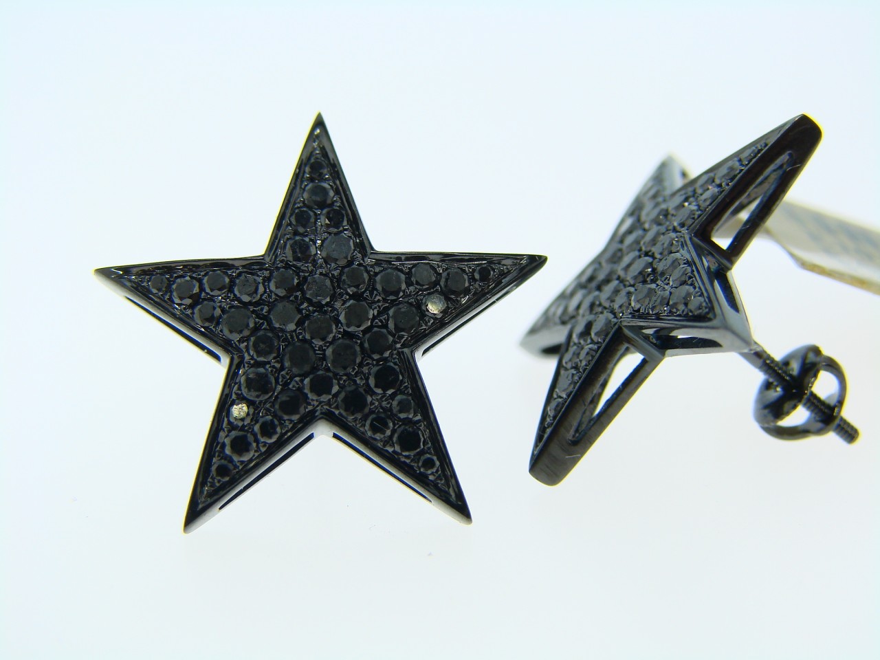 10K BLACK GOLD BLACK DIAMOND STAR STUD EARRINGS 20 MM