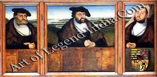 Cranach spent almost fifty years serving the Electors of Saxony. Here he uses the triptych for normally reserved for religious subjects to enshrine the memories of all three Electors in a single composition set against a background of Saxony's landscape. 