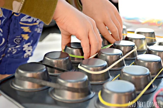 Use a muffin tin as a DIY geoboard to work on fine motor skills