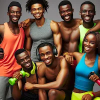 A vibrant photo of Nigerians working out together, smiling and energized.