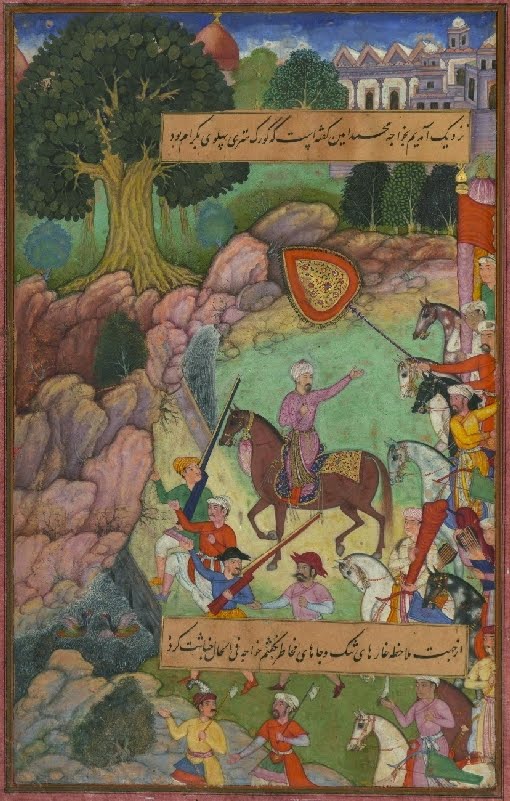 Islamic manuscript painting; rural setting, sultan on horseback
