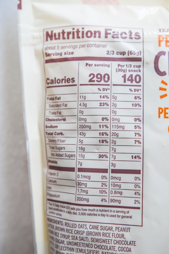 Trader Joe's Peanut Butter Chocolate Granola nutrition label and info