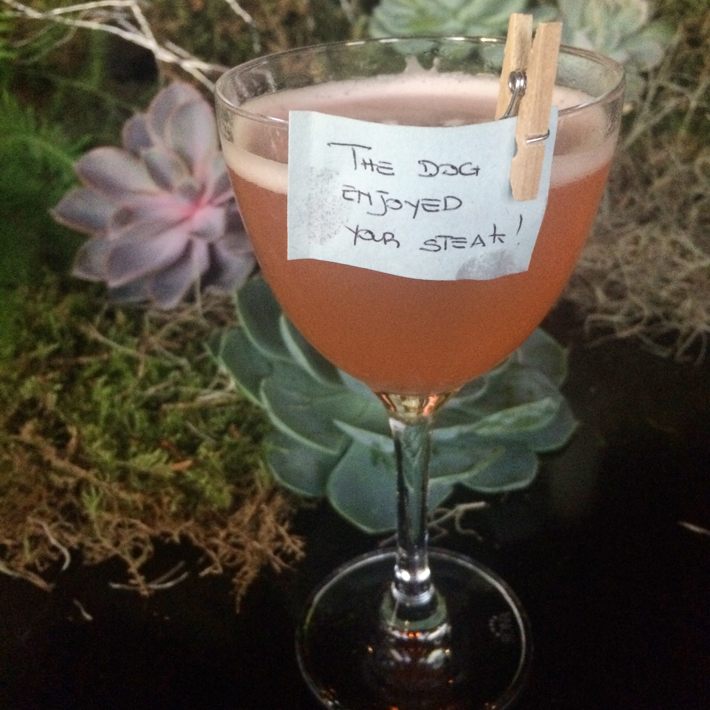 cocktail at city social with note pegged to the rim and plants in the background