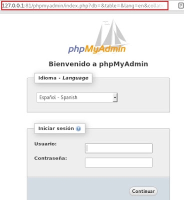 Pagina de entrada de PhpMyAdmin